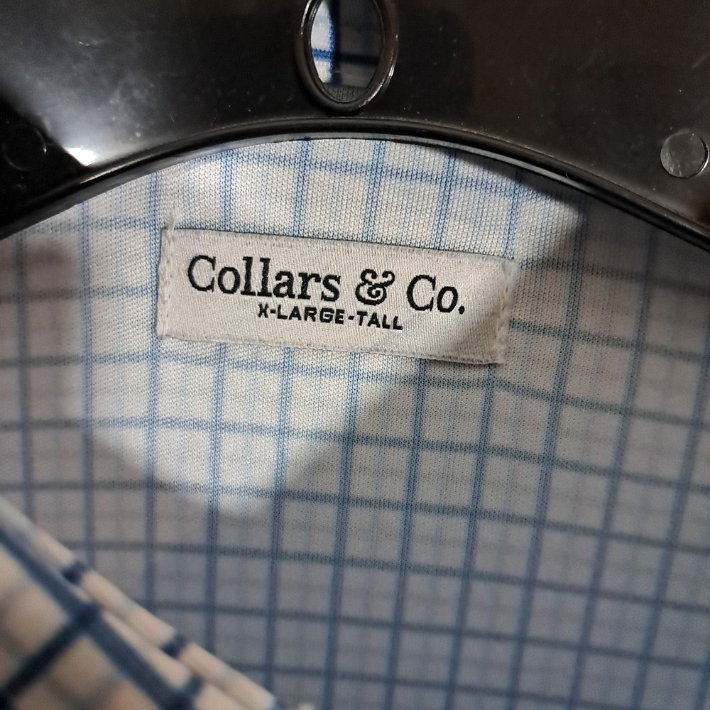 Collars & Co Men Polo Shirt Large Tall Blue Tattersall Semi Spread Collar Office - Picture 9 of 16